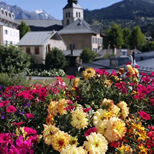 Colourful flowers in the village of Saint Gervais les Bains in the French Alps
