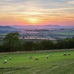 Cotswold landscape and distant Malvern Hills at sunset, Farmcote, Cotswolds, Gloucestershire