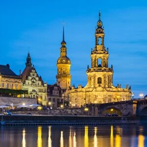 Dresden skyline and historic buildings along the Elbe River at night, Altstadt (Old Town)