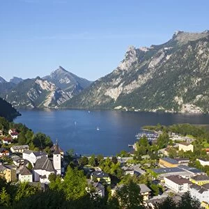 Elevated view over picturesque Ebensee, Lake Traunsee, Salzkammergut, Upper Austria, Austria, Europe