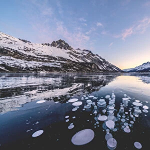 Ice bubbles trapped in Lake Sils with Piz Lagrev in background, Engadine