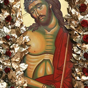 Detail of icon of Christ displayed during Easter week in a Greek Orthodox church