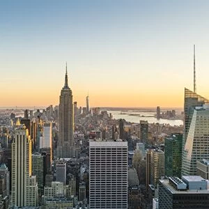 Manhattan skyline and Empire State Building, sunset, New York City, United States of America