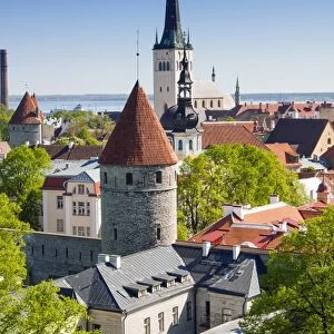 Medieval town walls and spire of St. Olavs church, Toompea hill, UNESCO World Heritage Site, Estonia, Baltic States, Europe