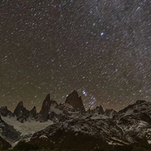 Mount Fitz Roy and Cerro Torre at night with star trails, El Chalten, Patagonia, Argentina
