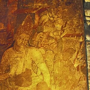Mural painting in a cave at the Buddhist cave site of Ajanta, carved from a gorge in the Waghore River, Ajanta, UNESCO World Heritage Site, Maharashtra State