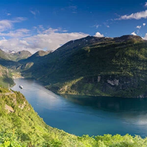 Panoramic of Geirangerfjord, UNESCO World Heritage Site, from the elevated Ornesvingen