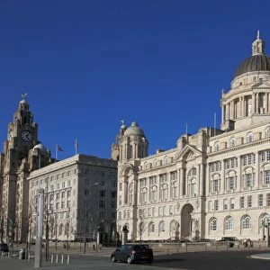Pierhead, with Liver building, Cunard building and Dock company building, UNESCO World Heritage Site, Liverpool, Merseyside, England, United Kingdom, Europe