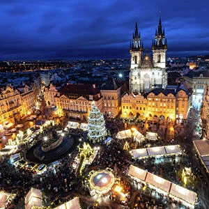 Pragues Old Town Square Christmas Market viewed from the Astronomical Clock during