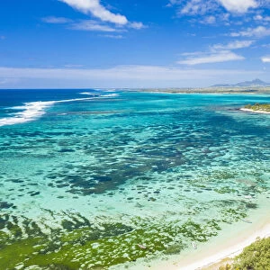 Public Beach by the turquoise Indian Ocean, aerial view, Poste Lafayette, East coast