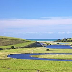 River Cuckmere meets the English Channel at Cuckmere Haven, East Sussex, South Downs National Park, England, United Kingdom, Europe