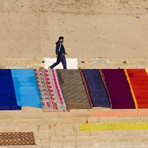 Saris drying on the ghats of Varanasi, Uttar Pradesh, India, Asia