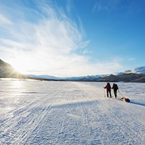 Ski touring on Kungsleden (The Kings Trail) frozen lake, Abisko National Park, Helsinki, Finland, Scandinavia, Europe