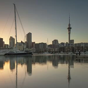 Sky Tower and Viaduct Harbour at dawn, Auckland, North Island, New Zealand, Pacific