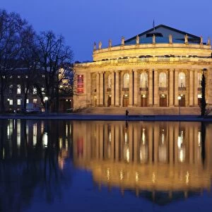Staatstheater (Stuttgart theatre and opera house) at night, reflecting in the Eckensee, Schlosspark, Stuttgart, Baden Wurttemberg, Germany, Europe