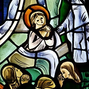 Stained glass depicting Sainte Therese de Lisieux healed by Mary in