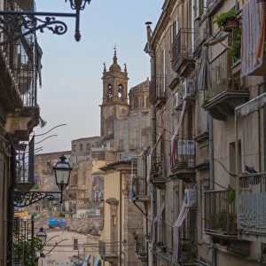 Street lanterns and houses in the typical alleys of the old town, Caltagirone, Province of Catania