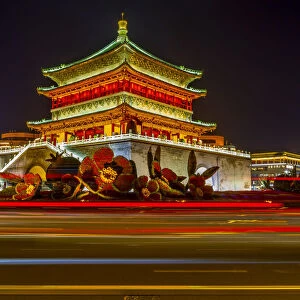 View of famous Bell Tower in Xi an city centre at night, Xi an, Shaanxi Province