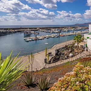 View of harbour from elevated position, Puerto del Carmen, Lanzarote, Las Palmas, Canary Islands, Spain, Atlantic, Europe