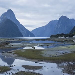 View of Milford Sound at low tide, Mitre Peak reflected in pool, Milford Sound, Fiordland