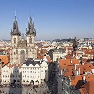 View over the Old Town Square (Staromestske namesti) with Tyn Cathedral (Church of Our Lady Before Tyn), Prague, Bohemia, Czech Republic, Europe