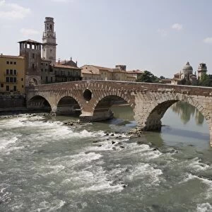 View of the Ponte Pietra with the Campanile of the Duomo in the distance