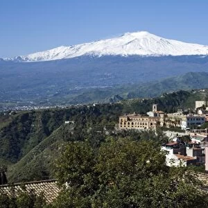 View over Taormina and Mount Etna, Taormina, Sicily, Italy, Europe
