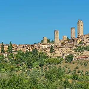 View of vineyards and San Gimignano, San Gimignano, Province of Siena, Tuscany, Italy, Europe