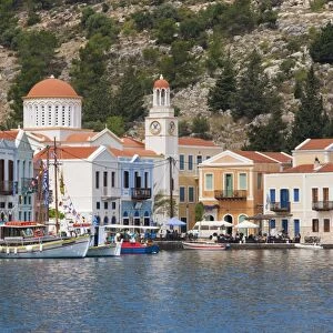 Waterfront houses and church, Kastellorizo (Kastelorizo, Megisti, Meis), Rhodes, Dodecanese Islands