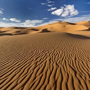 Wide angle view of the ripples and dunes of the Erg Chebbi Sand sea, part of the