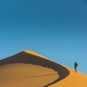 Woman hiking up the giant Sand Dune 45, Sossusvlei, Namib-Naukluft National Park