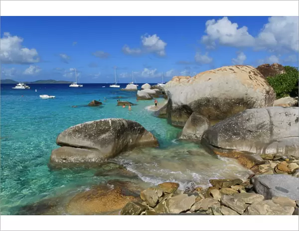 Yachts, swimmers and granite rocks, The Baths, Virgin Gorda, British Virgin Islands (BVI), West Indies, Caribbean, Central America