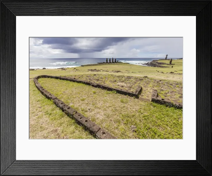 Framed Print : House foundation and sevem moai in the Tahai Archaeological Zone on Easter Island (Isla de Pascua) (Rapa Nui), UNESCO World Heritage Site, Chile, South America Framed Print : House foundation and sevem moai in the Tahai Archaeological Zone on Easter Island (Isla de Pascua) (Rapa Nui), UNESCO World Heritage Site, Chile, South America