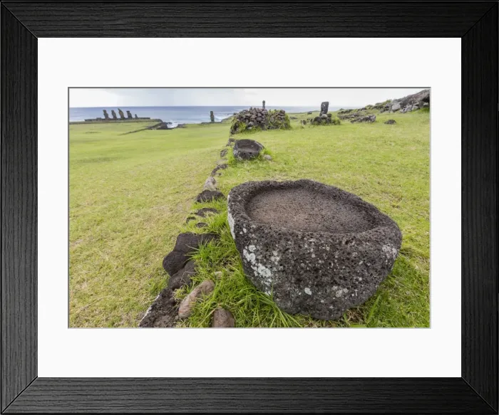 Framed Print : House foundation and seven moai in the Tahai Archaeological Zone on Easter Island (Isla de Pascua) (Rapa Nui), UNESCO World Heritage Site, Chile, South America Framed Print : House foundation and seven moai in the Tahai Archaeological Zone on Easter Island (Isla de Pascua) (Rapa Nui), UNESCO World Heritage Site, Chile, South America