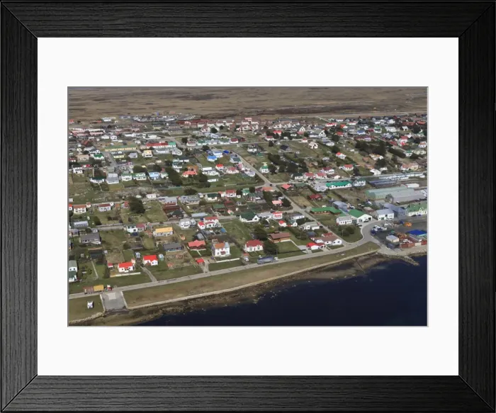 Framed Print : Aerial view of houses with colourful roofs, Stanley, East Falkland, Falkland Islands, South America Framed Print : Aerial view of houses with colourful roofs, Stanley, East Falkland, Falkland Islands, South America