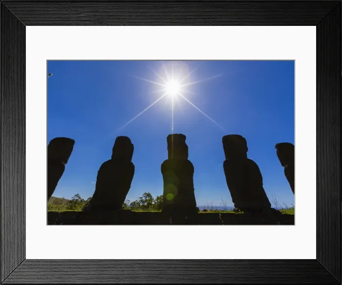 Framed Print : Detail of moai looking into the sun at Ahu Akivi, the first restored altar on Easter Island (Isla de Pascua) (Rapa Nui), UNESCO World Heritage Site, Chile, South America