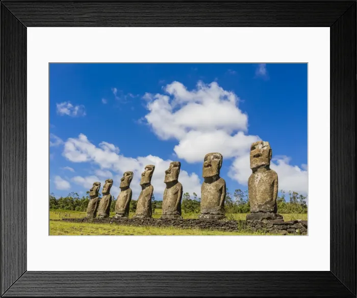 Framed Print : Seven Moai at Ahu Akivi, the first restored altar on Easter Island (Isla de Pascua) (Rapa Nui), UNESCO World Heritage Site, Chile, South America