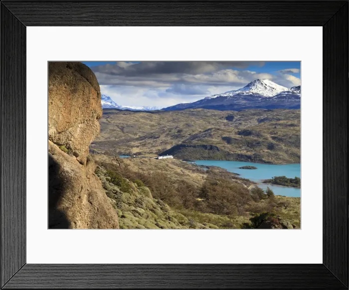 Framed Print : View of Explora Hotel Salto Chico on Lago Pehoe, from approach to Condor Vista Point, Torres del Paine National Park, Patagonia, Chile, South America Framed Print : View of Explora Hotel Salto Chico on Lago Pehoe, from approach to Condor Vista Point, Torres del Paine National Park, Patagonia, Chile, South America