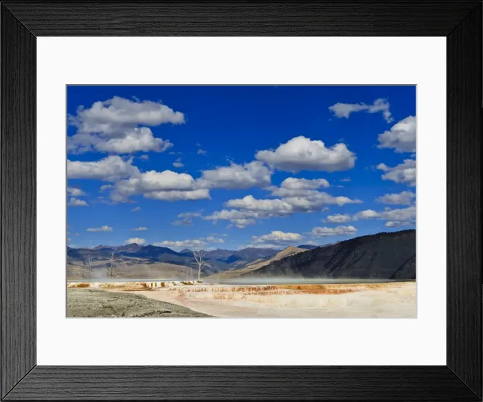 Framed Print : Dead trees and steam with mountain backdrop and blue skies, Mammoth Hot Springs, Yellowstone National Park, UNESCO World Heritage Site, Wyoming, United States of America, North America Framed Print : Dead trees and steam with mountain backdrop and blue skies, Mammoth Hot Springs, Yellowstone National Park, UNESCO World Heritage Site, Wyoming, United States of America, North America