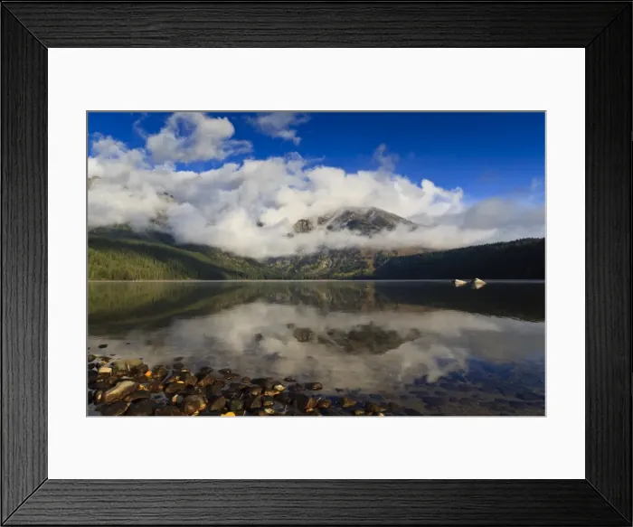 Framed Print : Low clouds and Teton Range reflected in Phelps Lake, Grand Teton National Park, Wyoming, United States of America, North America Framed Print : Low clouds and Teton Range reflected in Phelps Lake, Grand Teton National Park, Wyoming, United States of America, North America