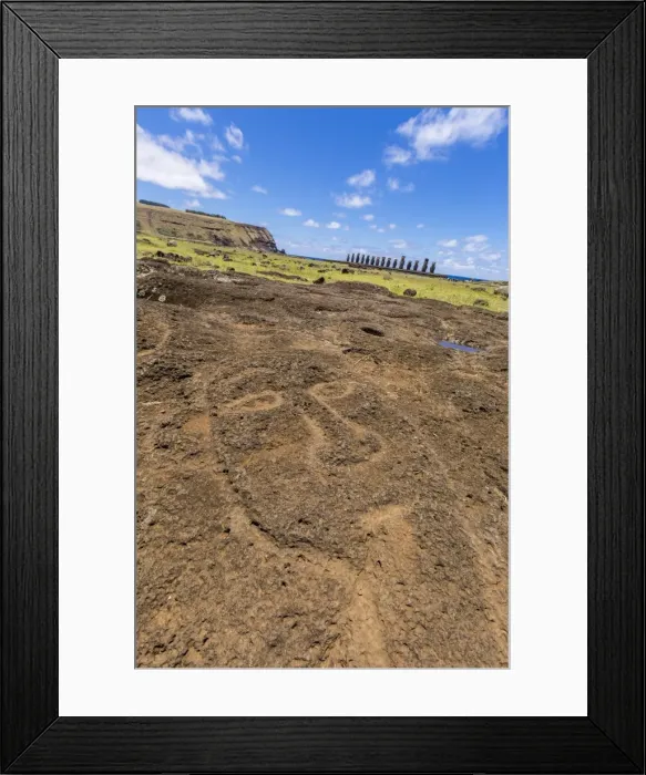 Framed Print : Petroglyphs carved in the lava at the 15 moai restored ceremonial site of Ahu Tongariki on Easter Island (Isla de Pascua) (Rapa Nui), UNESCO World Heritage Site, Chile, South America Framed Print : Petroglyphs carved in the lava at the 15 moai restored ceremonial site of Ahu Tongariki on Easter Island (Isla de Pascua) (Rapa Nui), UNESCO World Heritage Site, Chile, South America