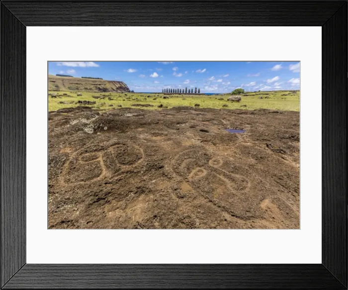 Framed Print : Petroglyphs carved in the lava at the 15 moai restored ceremonial site of Ahu Tongariki on Easter Island (Isla de Pascua) (Rapa Nui), UNESCO World Heritage Site, Chile, South America