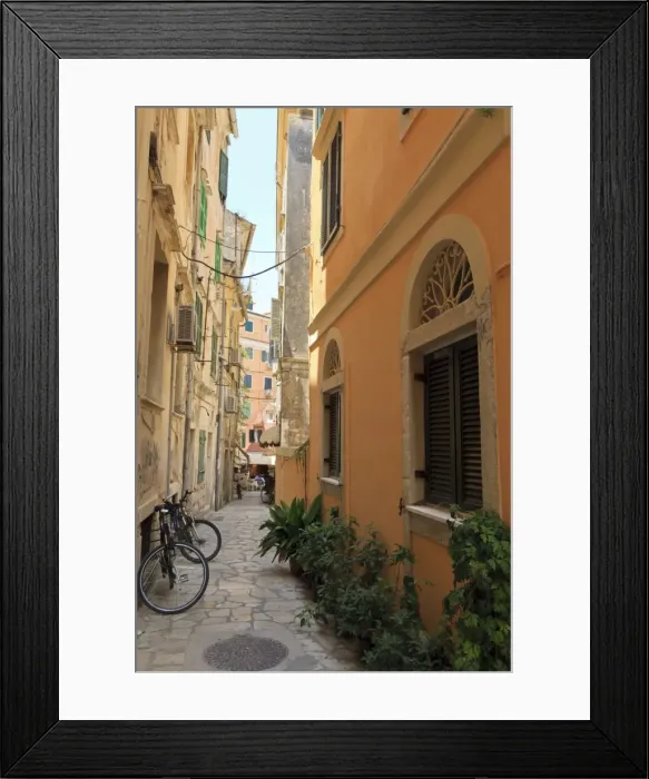 Framed Print : Narrow street with bike, Old Town, Corfu Town, Corfu, Ionian Islands, Greece Framed Print : Narrow street with bike, Old Town, Corfu Town, Corfu, Ionian Islands, Greece