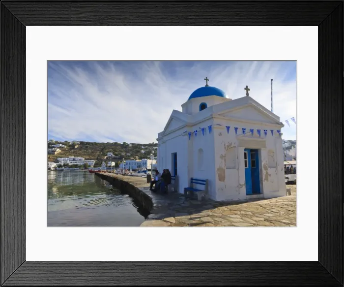 Framed Print : Three men on a seat beside an old harbour church, Mykonos Town (Chora), Mykonos, Cyclades, Greek Islands, Greece, Europe Framed Print : Three men on a seat beside an old harbour church, Mykonos Town (Chora), Mykonos, Cyclades, Greek Islands, Greece, Europe