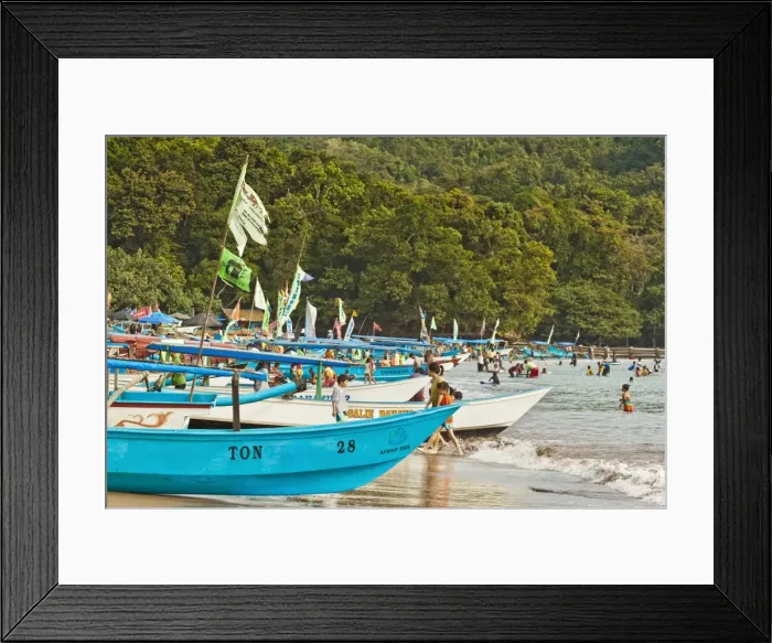 Framed Print : Outrigger fishing boats on west beach of the isthmus at this major beach resort on the south coast, Pangandaran, Java, Indonesia, Southeast Asia, Asia Framed Print : Outrigger fishing boats on west beach of the isthmus at this major beach resort on the south coast, Pangandaran, Java, Indonesia, Southeast Asia, Asia