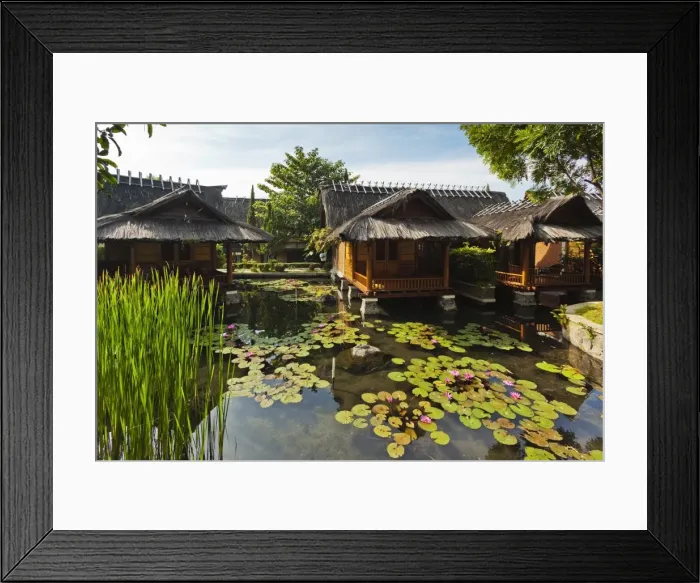 Framed Print : Traditional kampung style rooms over carp ponds at the Kampung Sumber Alam hot springs hotel, Garut, West Java, Java, Indonesia, Southeast Asia, Asia Framed Print : Traditional kampung style rooms over carp ponds at the Kampung Sumber Alam hot springs hotel, Garut, West Java, Java, Indonesia, Southeast Asia, Asia