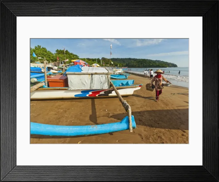 Framed Print : Outrigger fishing boats on west beach of the isthmus at this major beach resort on the south coast, Pangandaran, Java, Indonesia, Southeast Asia, Asia
