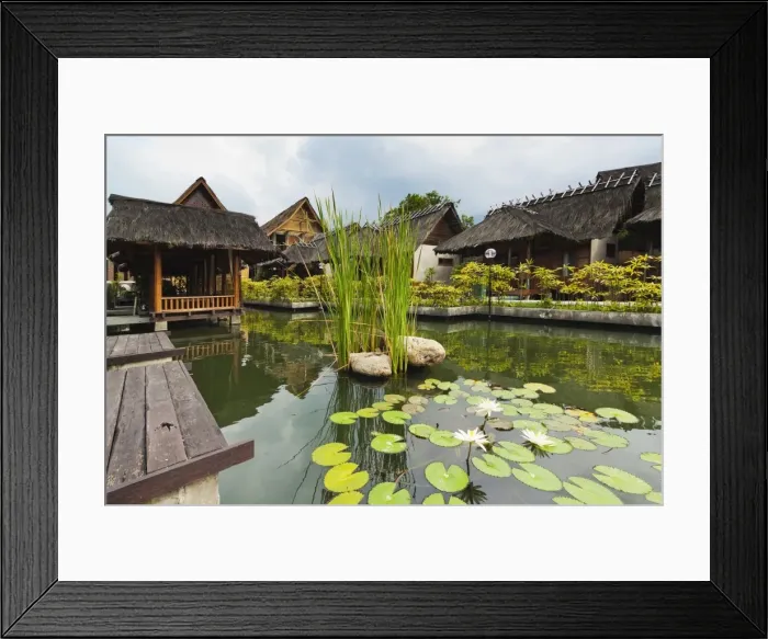 Framed Print : Traditional kampung style rooms over carp ponds at the Kampung Sumber Alam hot springs hotel, Garut, West Java, Java, Indonesia, Southeast Asia, Asia Framed Print : Traditional kampung style rooms over carp ponds at the Kampung Sumber Alam hot springs hotel, Garut, West Java, Java, Indonesia, Southeast Asia, Asia