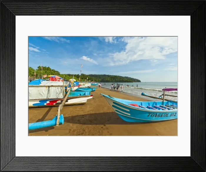 Framed Print : Outrigger fishing boats on west beach of the isthmus at this major beach resort on the south coast, Pangandaran, Java, Indonesia, Southeast Asia, Asia Framed Print : Outrigger fishing boats on west beach of the isthmus at this major beach resort on the south coast, Pangandaran, Java, Indonesia, Southeast Asia, Asia