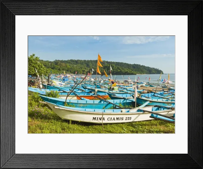 Framed Print : Outrigger fishing boats on west beach of the isthmus at this major beach resort on the south coast, Pangandaran, Java, Indonesia, Southeast Asia, Asia Framed Print : Outrigger fishing boats on west beach of the isthmus at this major beach resort on the south coast, Pangandaran, Java, Indonesia, Southeast Asia, Asia